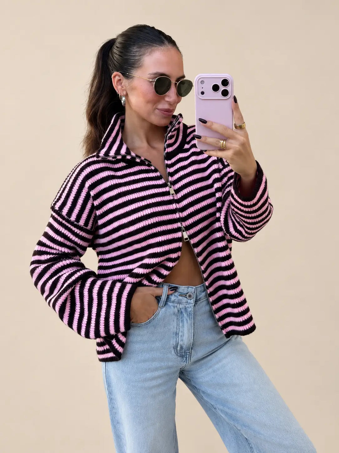 Knitted Zip Cardigan – Rose/Brown
