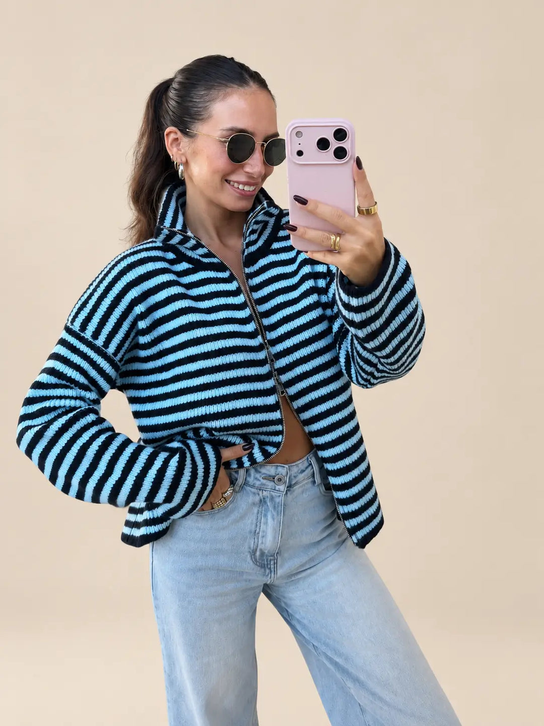 Knitted Zip Cardigan – Blue