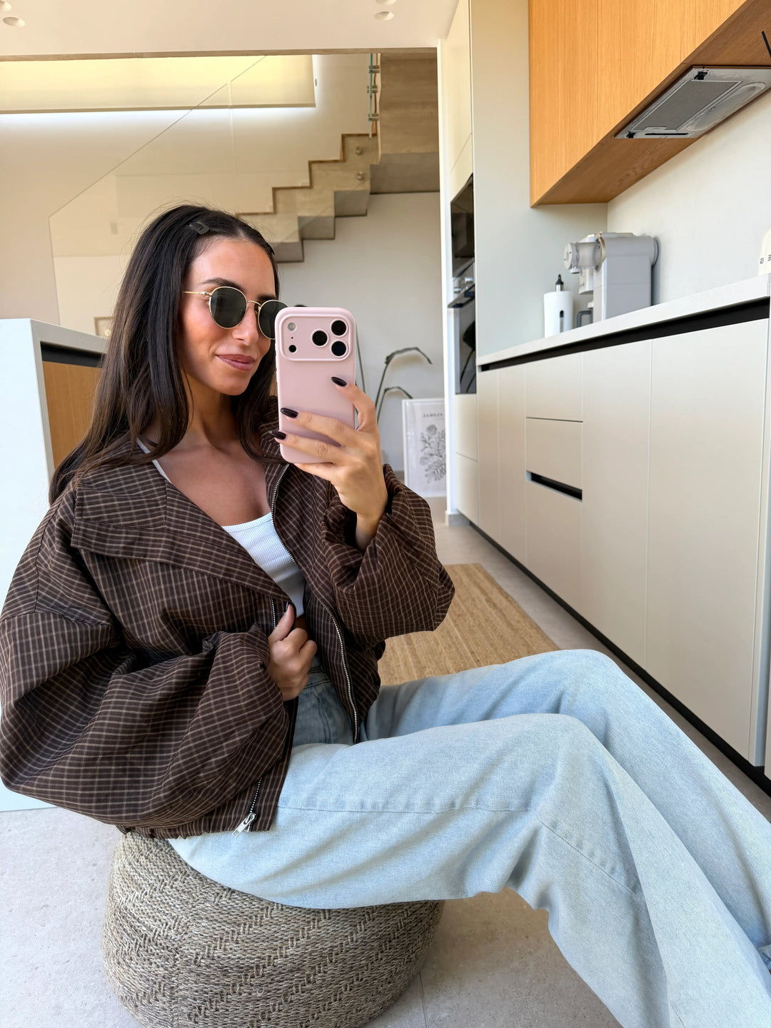 Oversize Geruite Jas – Bruin