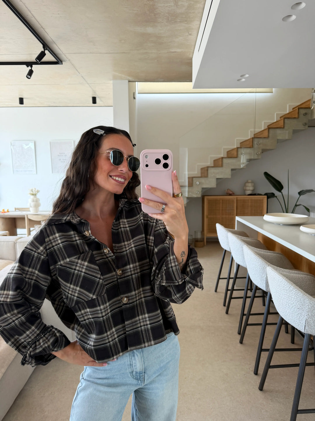 Kariertes Crop Hemd – Braun