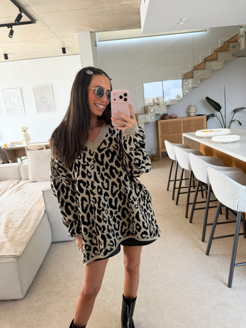 V-Neck Leopard Print Sweater – Beige, view 4 | Lisa’s Boutique