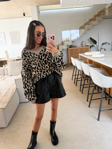 V-Neck Leopard Print Sweater – Beige, view 3 | Lisa’s Boutique