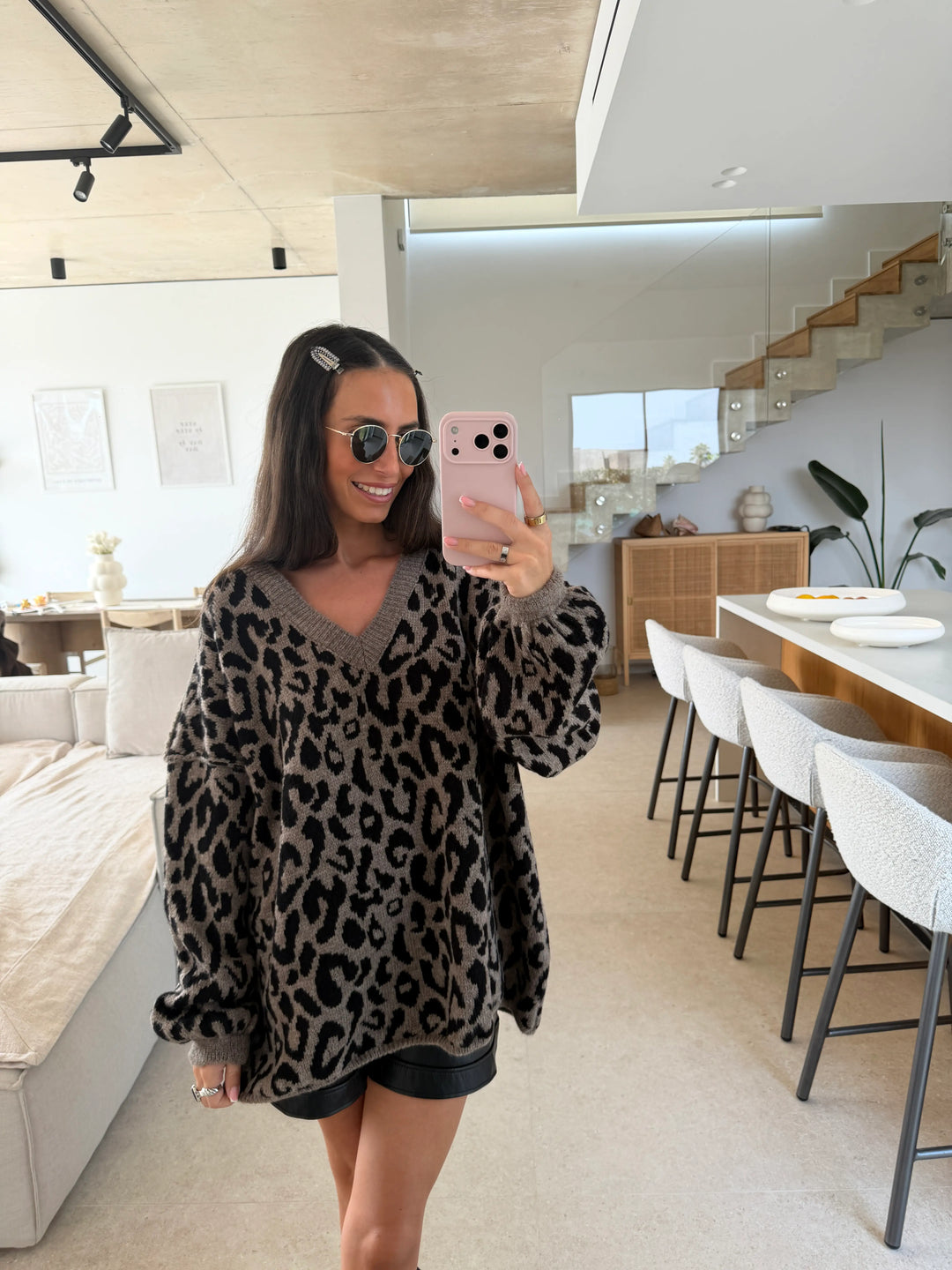 V-Neck Leopard Print Sweater – Brown, view 4 | Lisa’s Boutique