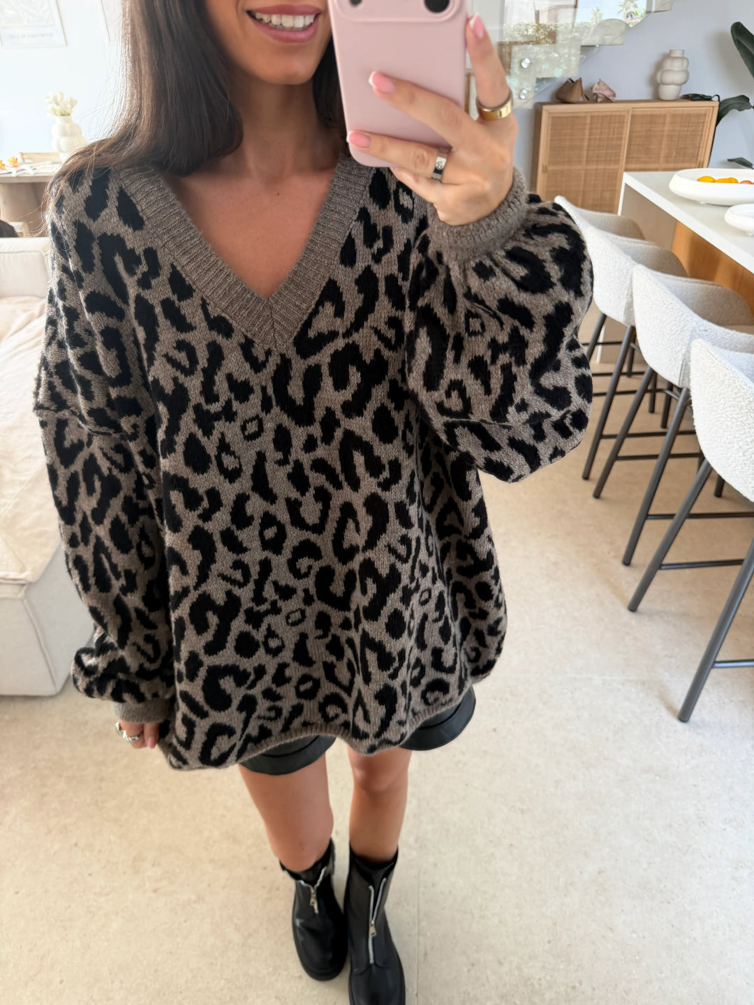 V-Neck Leopard Print Sweater – Brown, view 3 | Lisa’s Boutique