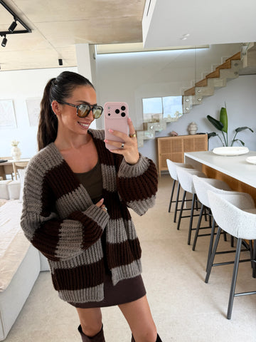 Striped Knitted Cardigan – Taupe/Brown