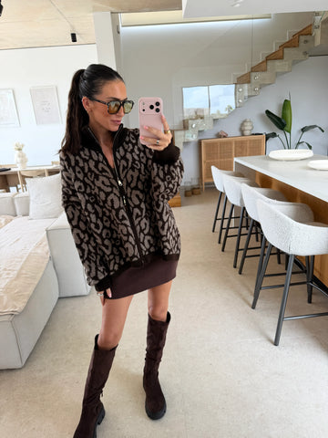 Oversize Leopard Zip Cardigan – Brown