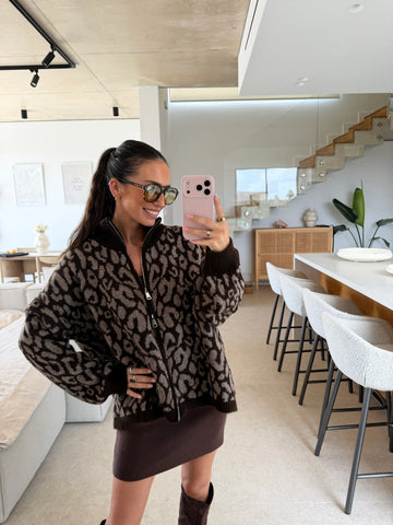 Oversize Leopard Zip Cardigan – Brown