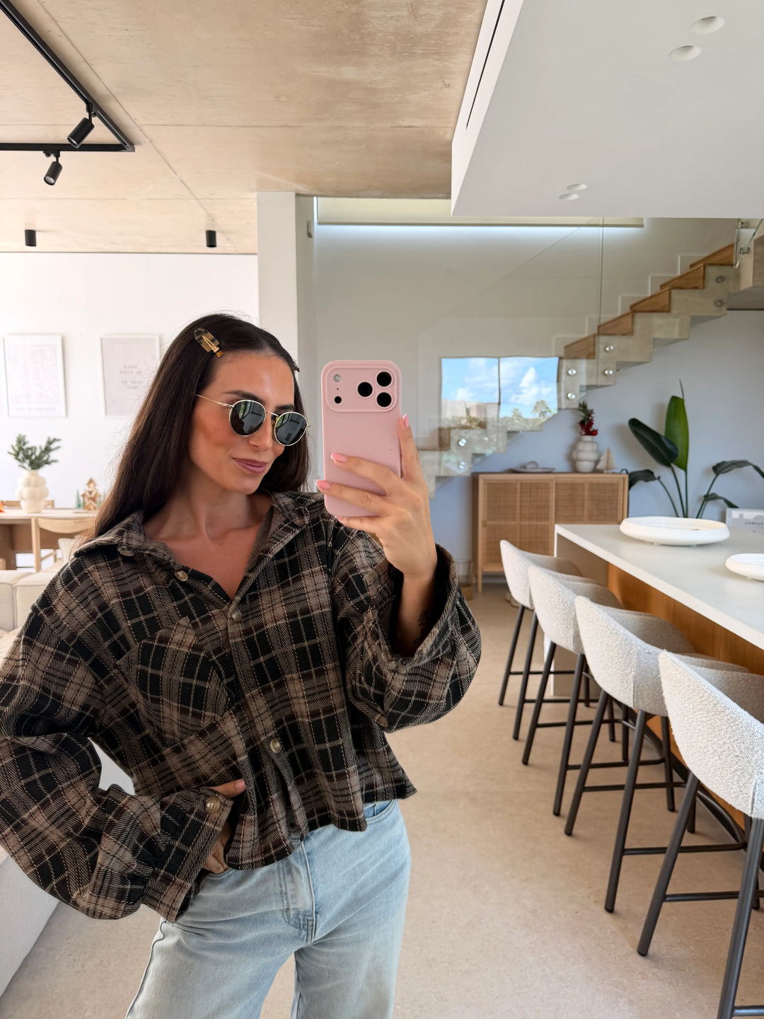 Cropped Checked Shirt – Beige/Brown