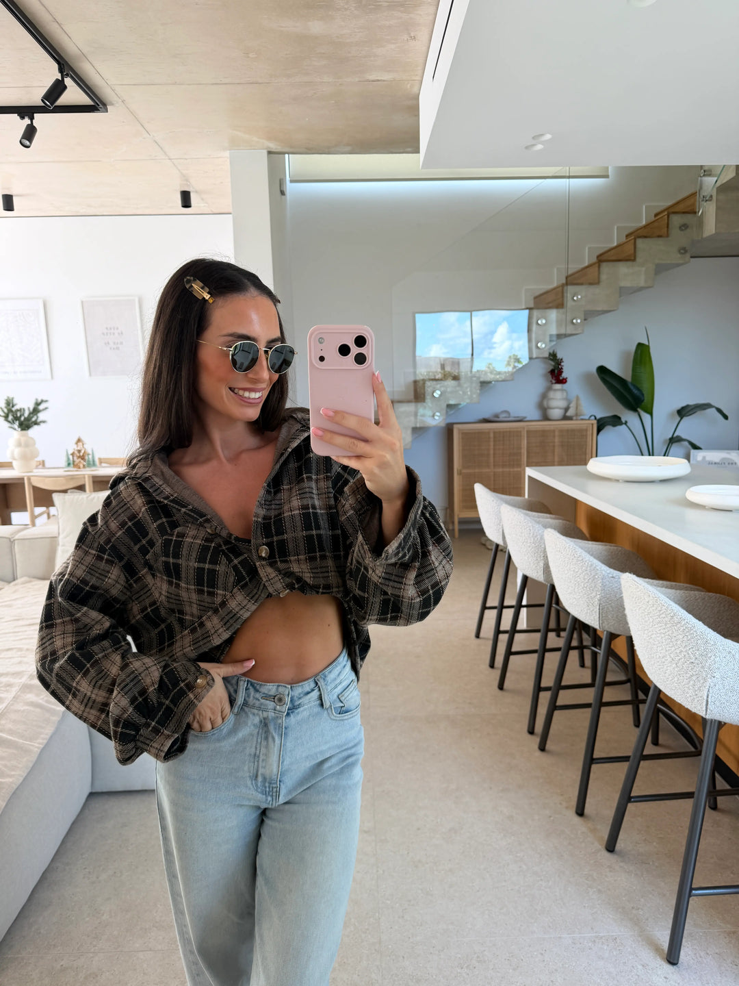 Cropped Checked Shirt – Beige/Brown