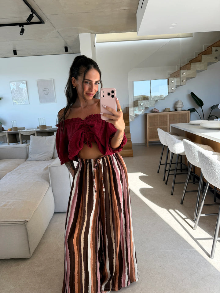 Gestreepte losvallende broek – Bruin