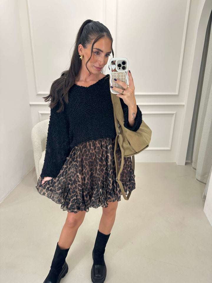 Pullover V-Ausschnitt Bouclé-Strick – Schwarz