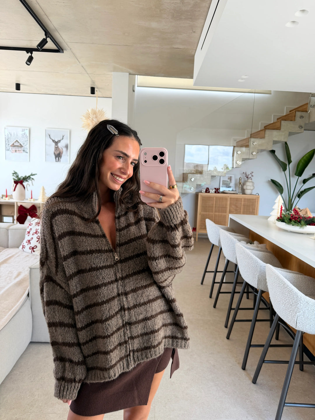Gilet zippé rayé – Marron