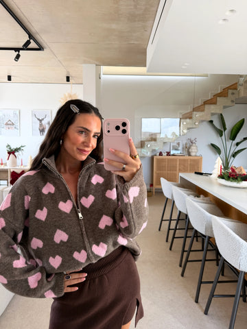 Gilet zippé coeur – Taupe/Rose