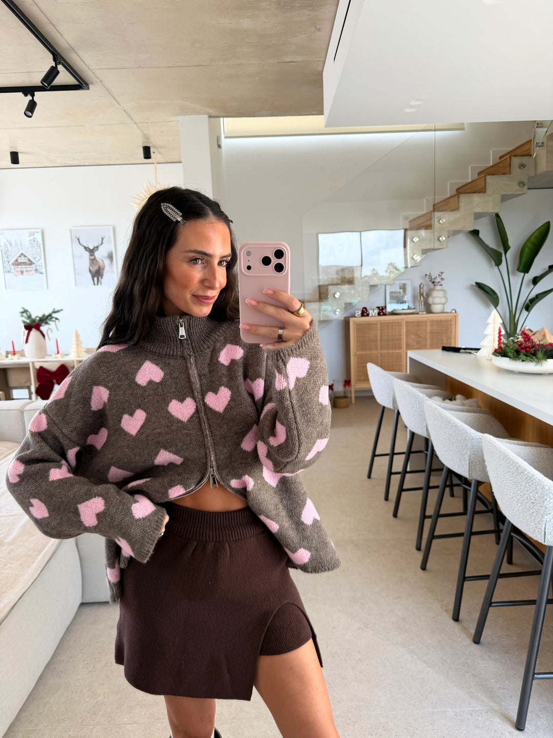 Gilet zippé coeur – Taupe/Rose