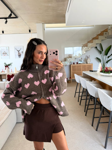 Gilet zippé coeur – Taupe/Rose