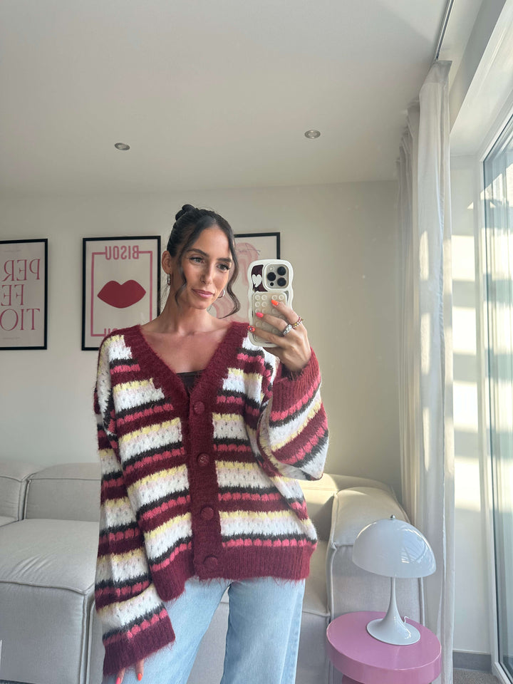 Striped Cardigan Bordeaux-Beige