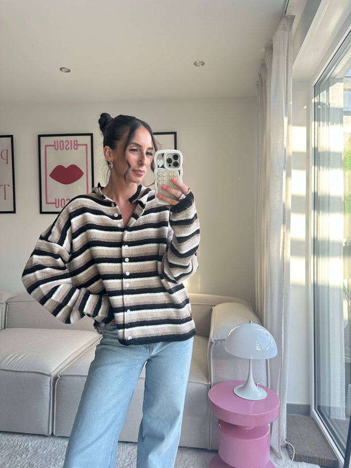 Gestreifter Cardigan in Beige-Schwarz