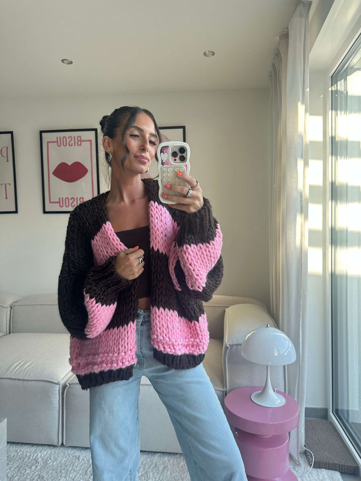 Strickcardigan in Braun-Pink gestreift