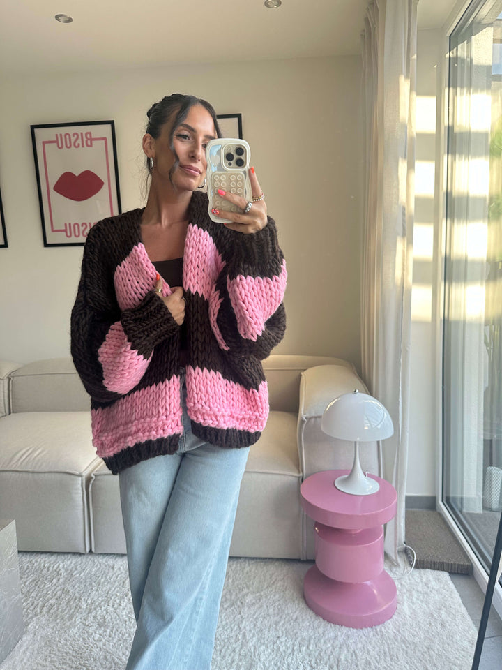 Strickcardigan in Braun-Pink gestreift