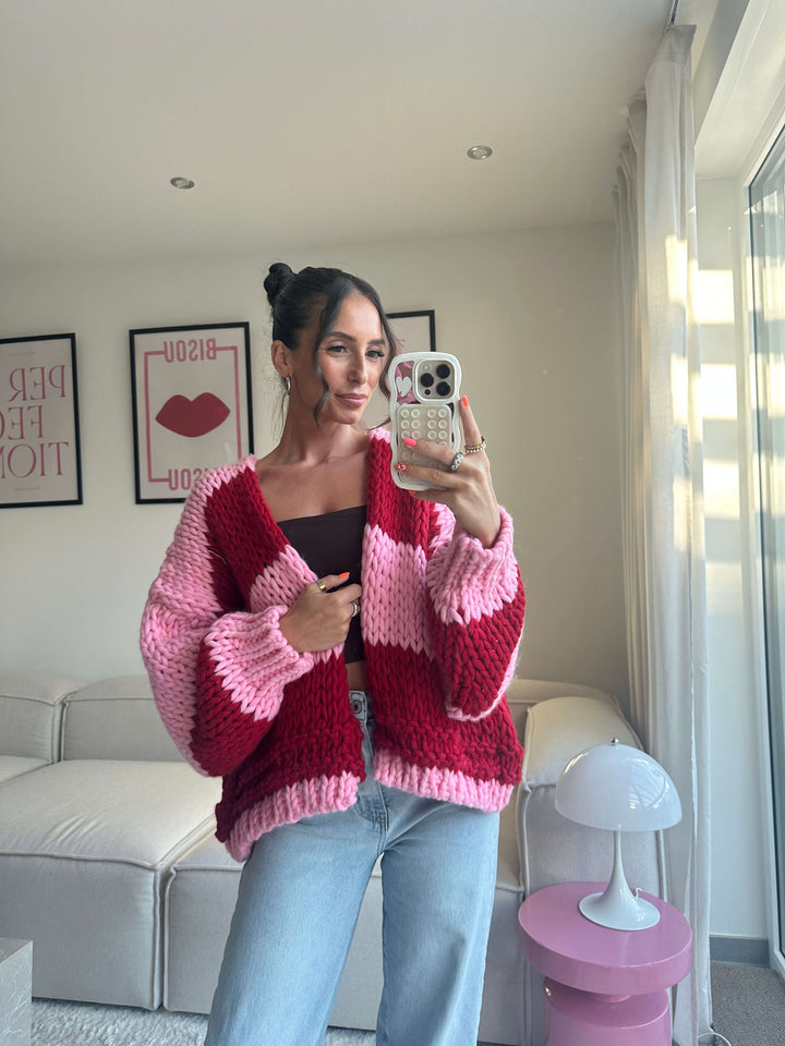 Strickcardigan in Rot-Pink gestreift