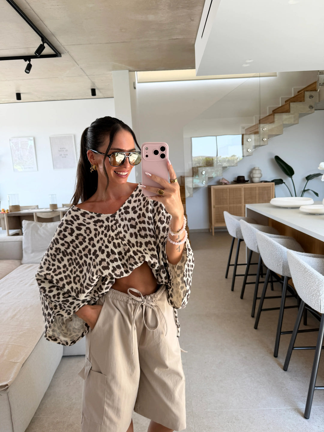 Leoparden Musselin Bluse – Beige/Braun