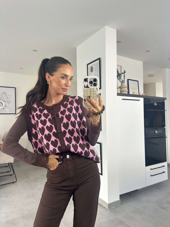 Strickweste Braun Rosa mit Herzmuster