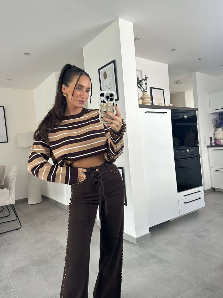 Wide Leg Hose mit Nieten – Braun