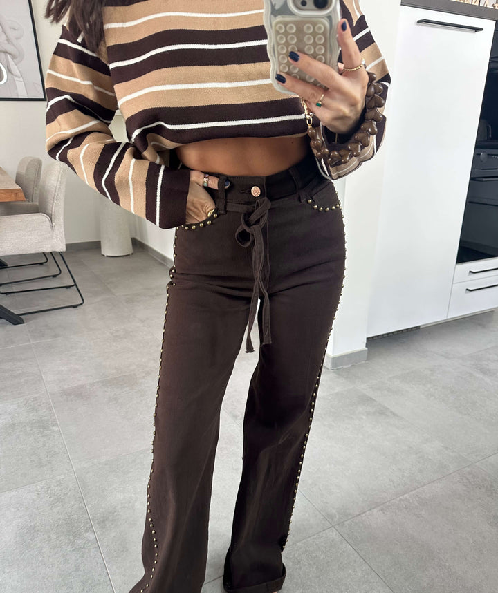 Wide Leg Hose mit Nieten – Braun