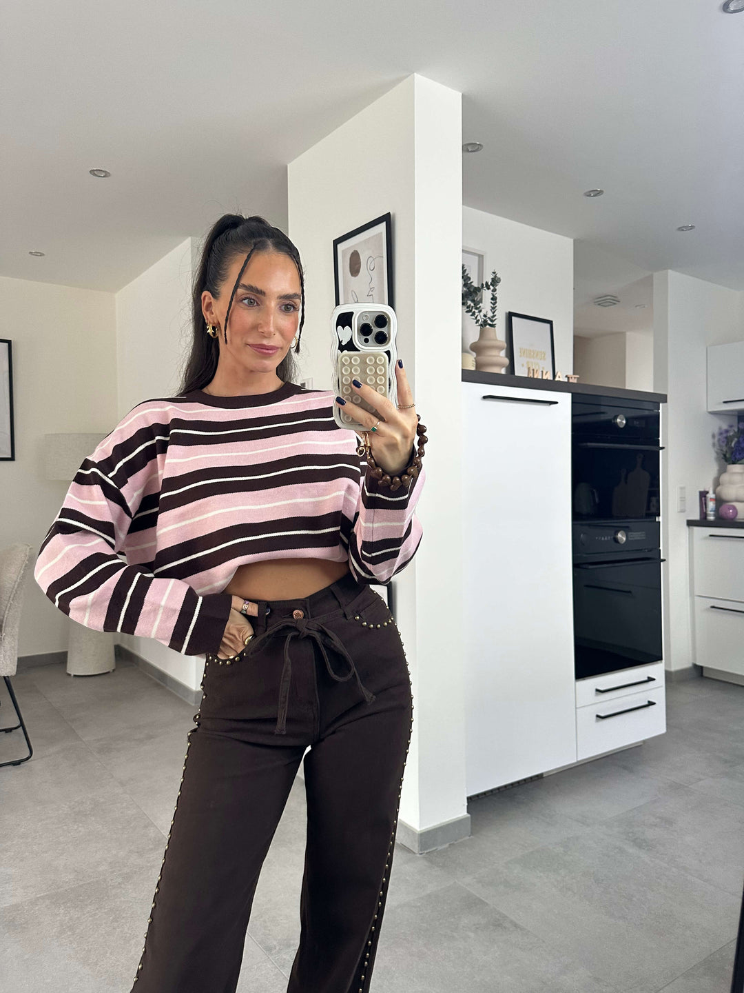 Gestreifter Pullover in Braun-Rosa  – Retro-Look