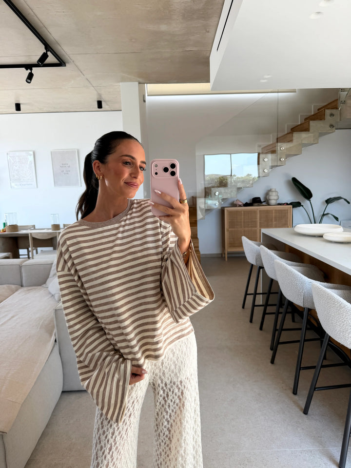 Striped Long Sleeve Top – Beige