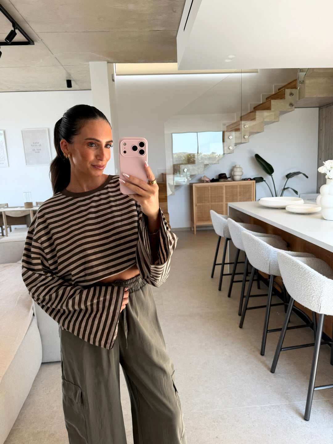 Gestreiftes Longsleeve – Khaki