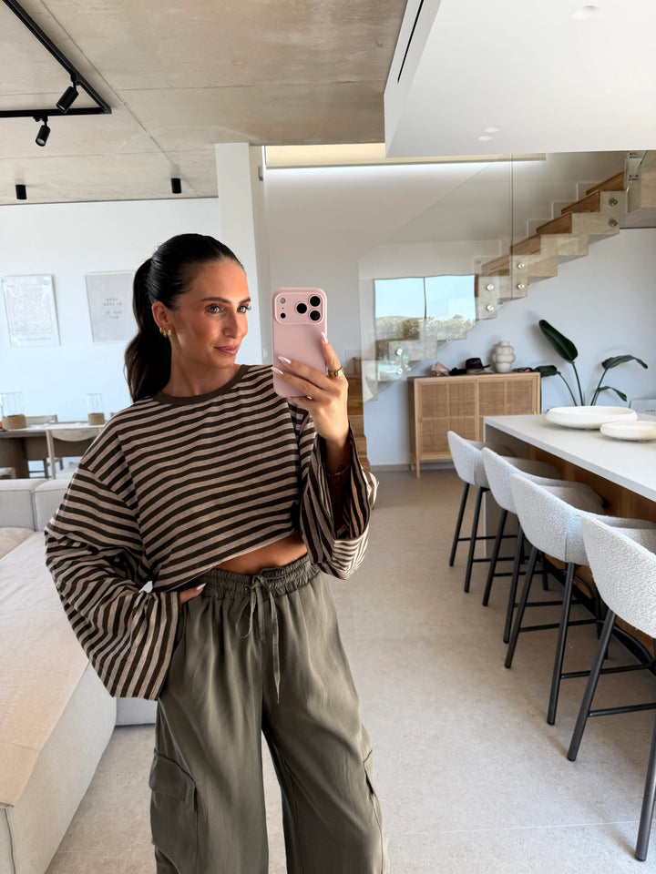 Gestreiftes Longsleeve – Khaki