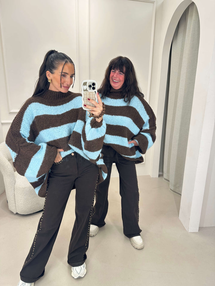 Wide-striped sweater – brown/light blue