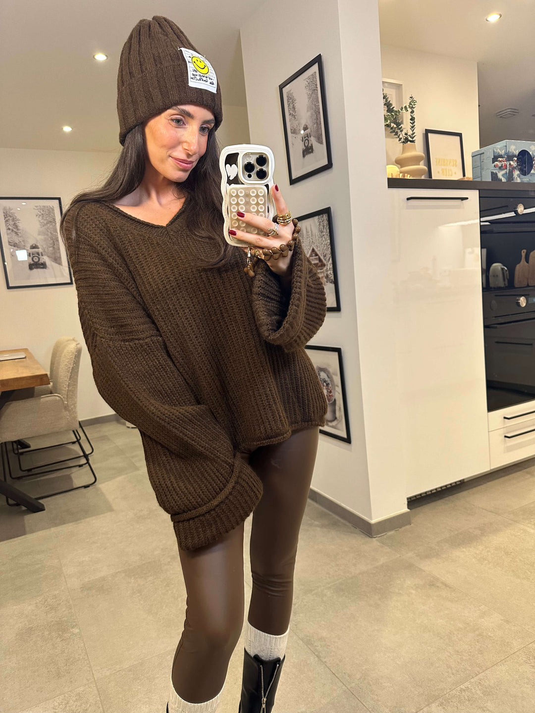 Kuschelpullover Ripp V- in Braun