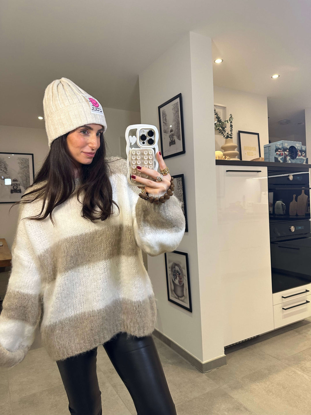 Kuschel Streifen-Pullover Oversize in Beige