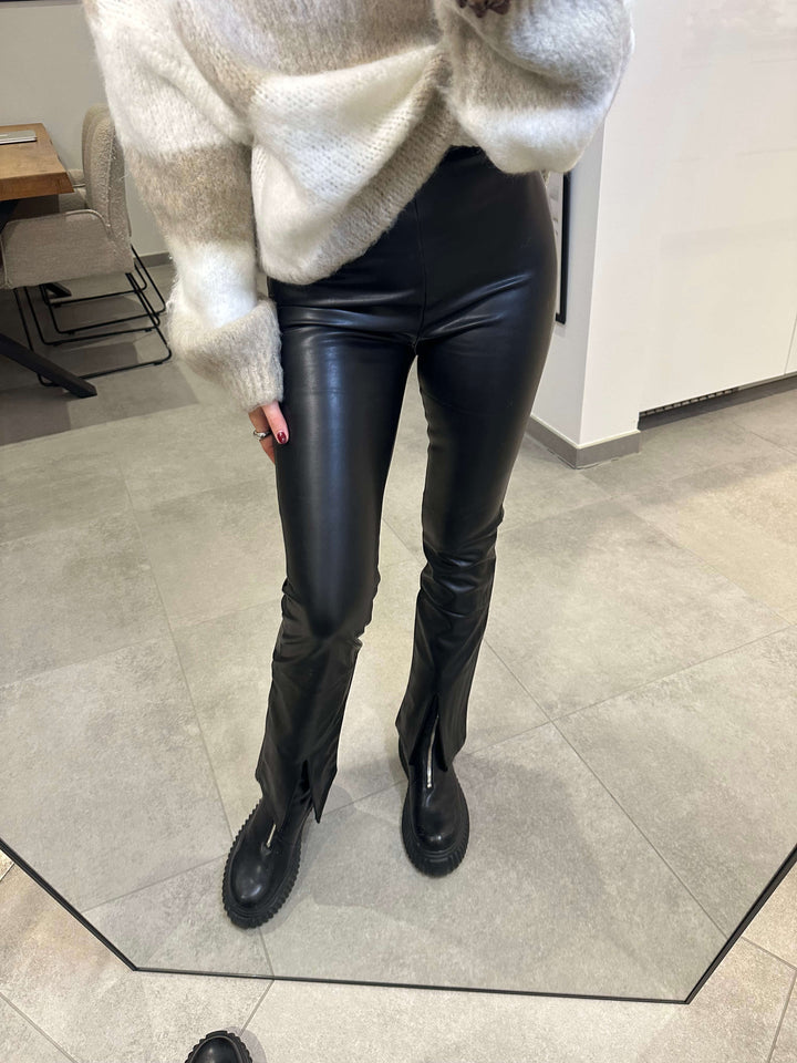 Leder-Leggings Schlag mit Schlitz Schwarz