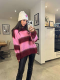 Kuschel Streifen-Pullover Oversize in Bordeaux/ Pink