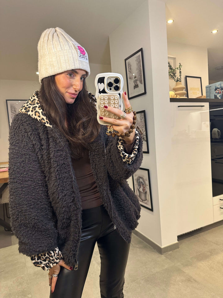 Teddy-Jacke mit Leo-Kapuze Anthrazit