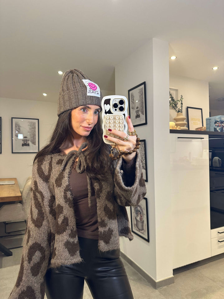 Strickcardigan zum Binden – mit braunem Leo-Muster