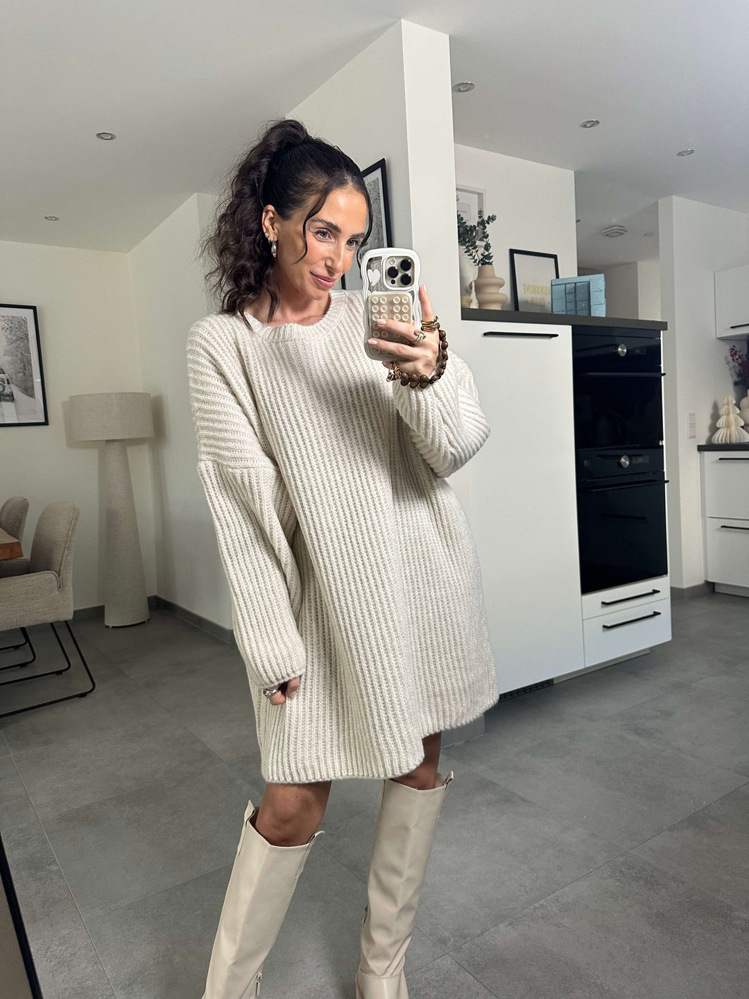 Gerippter langer Pullover – Beige