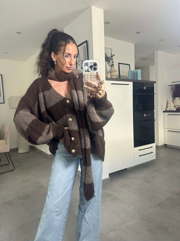 Gestreifter Strickcardigan mit Schal – Braun & Taupe