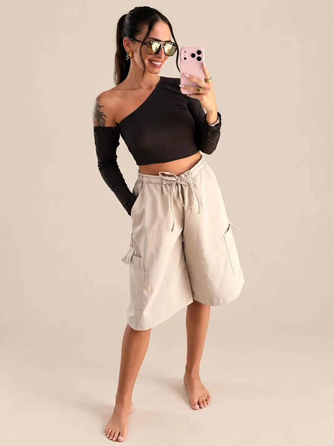 Women’s asymmetric one shoulder top in Brown with beige cargo trousers | Lisa’s Boutique