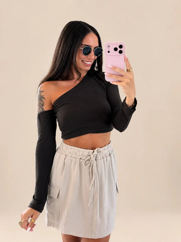 Asymmetrische one shoulder top dames in Bruin van fijn jersey | Lisa’s Boutique