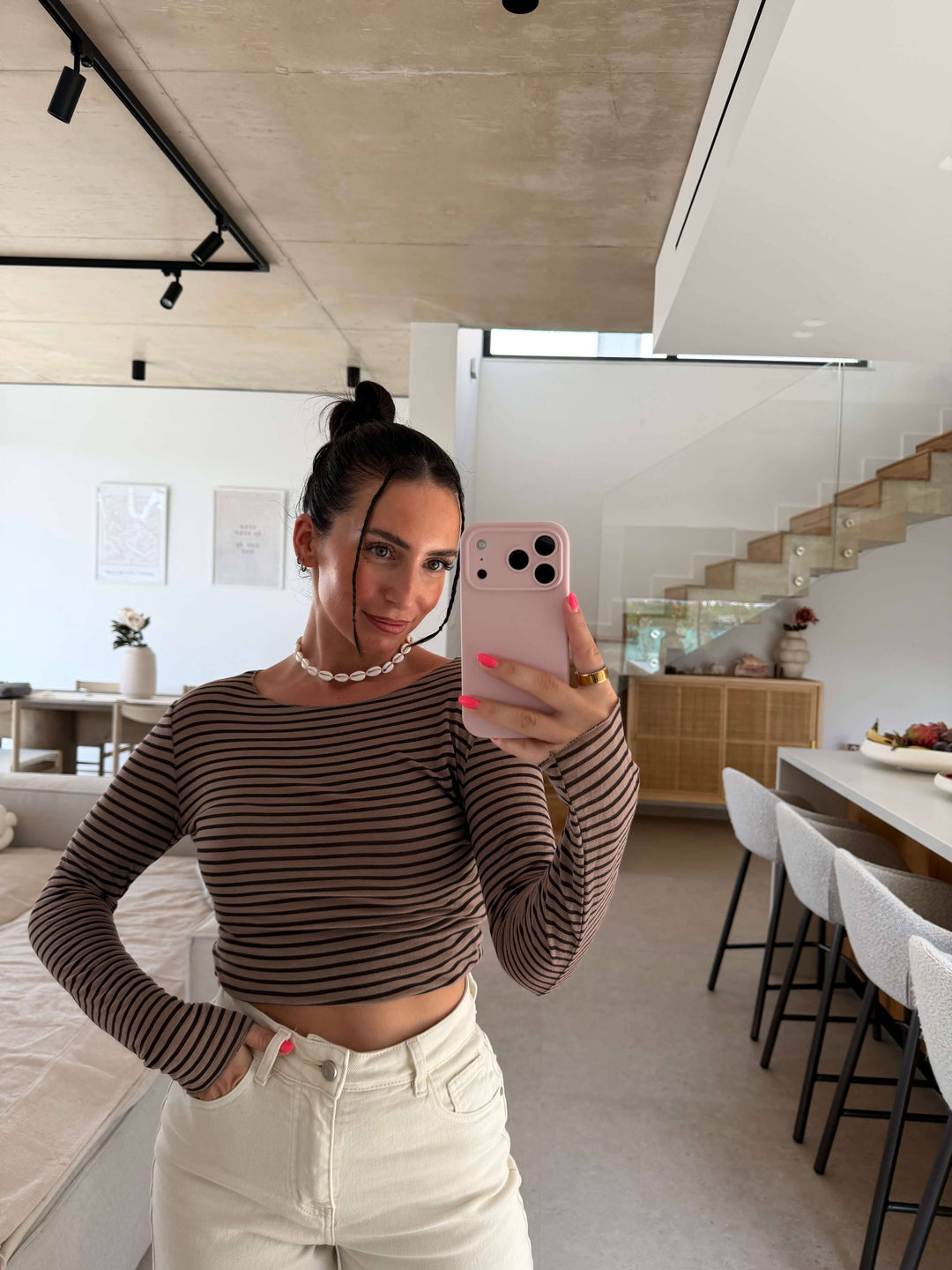 Basic Langarmshirt gestreift – Braun Shirt Lisas Boutique 