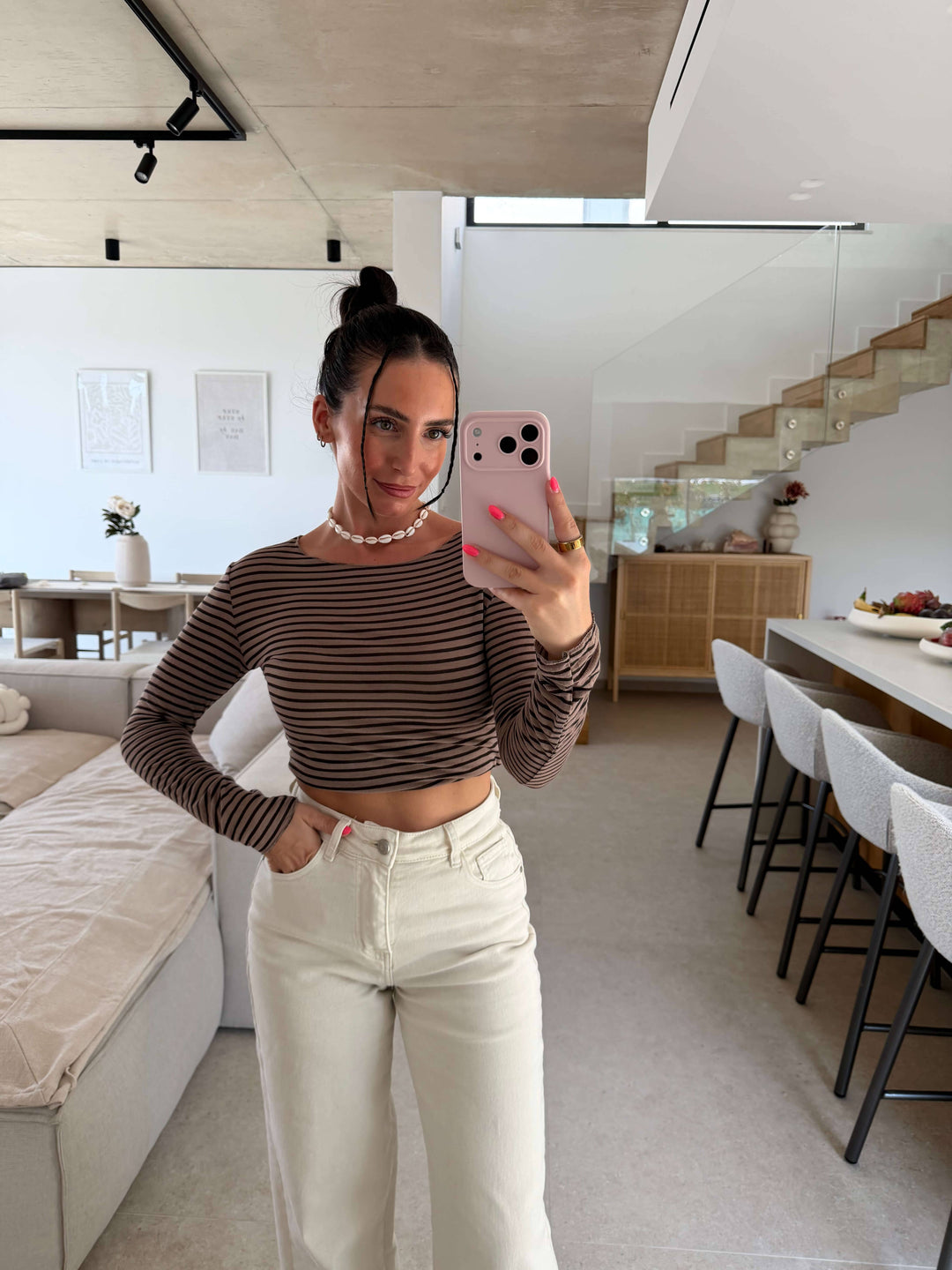 Basic Langarmshirt gestreift – Braun Shirt Lisas Boutique 