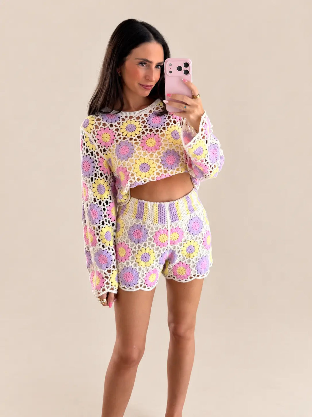 Women’s floral crochet shorts in Cream/Multicolour, styled in an outfit | Lisa’s Boutique