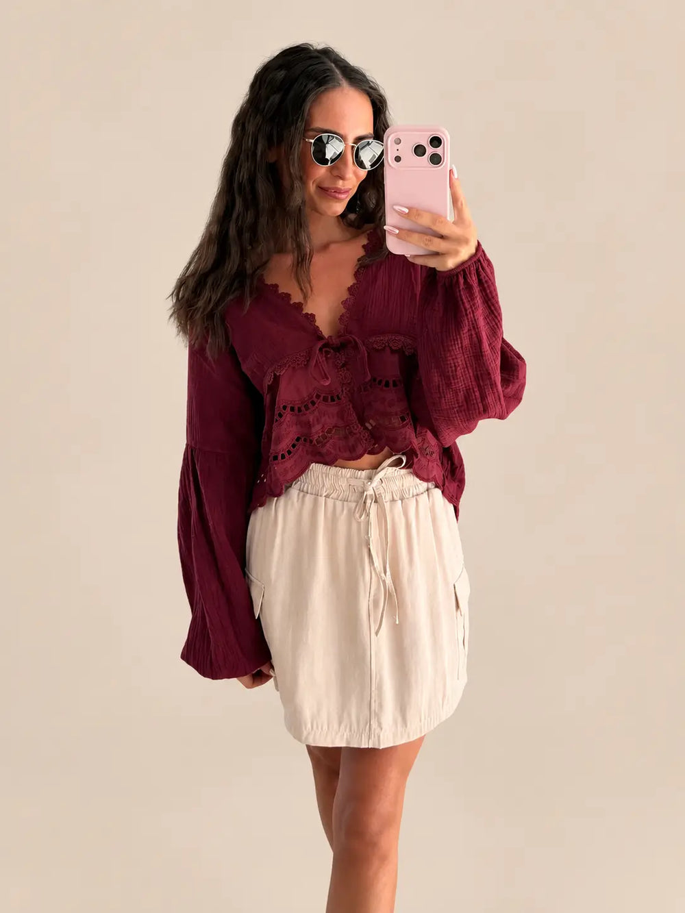 Women’s embroidered blouse in Bordeaux with a V neckline and a tie front | Lisa’s Boutique