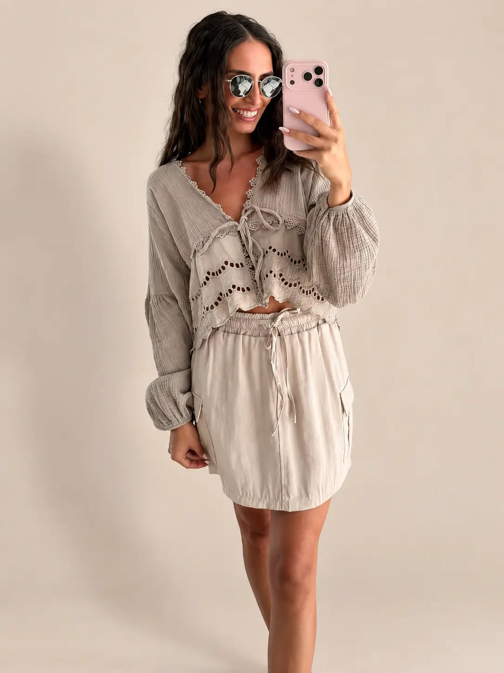 Women’s embroidered blouse in Taupe with balloon sleeves and a tie front | Lisa’s Boutique