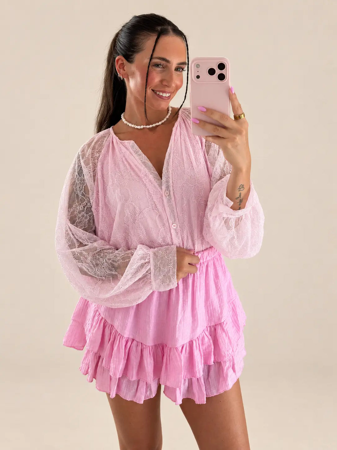 Women’s lace blouse in Rose with sheer lace | Lisa’s Boutique