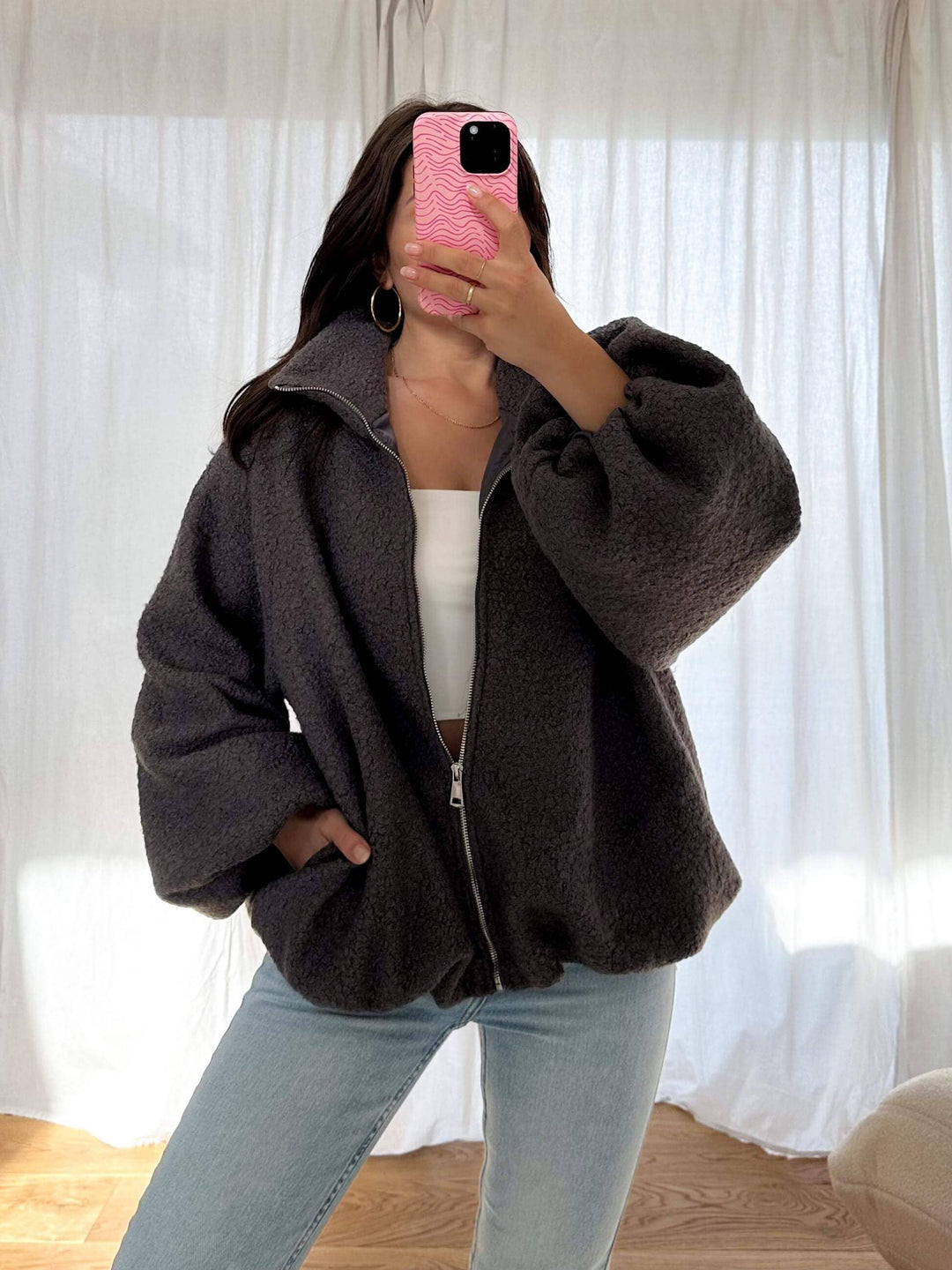 Bouclé Jacke mit Reißverschluss – Anthrazit Jacke Lisas Boutique 